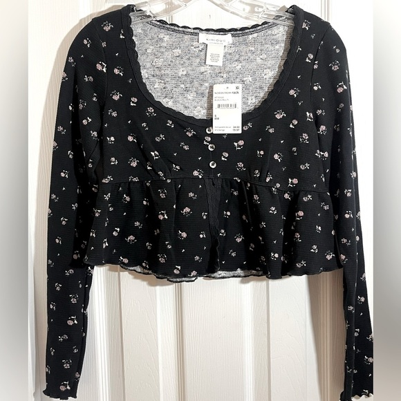 Kirious Los Angeles Long Sleeve Babydoll Floral Crop Top Waffle‎ Knit NWT Small - Picture 1 of 10